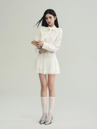 Tie Neck Mini Cotton Lace Shirt Dress (hover)