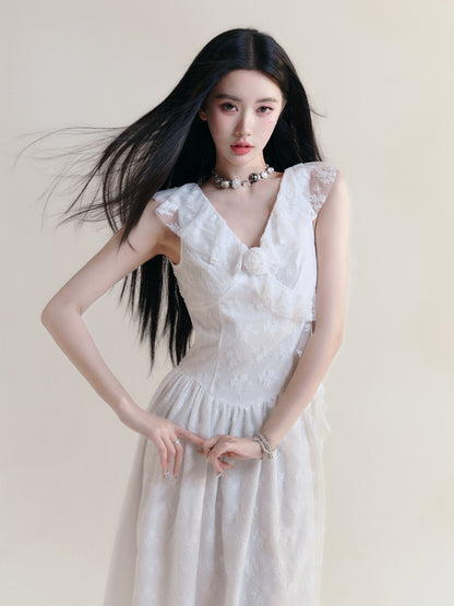 Asymmetric Flower Lace Frilled Collar Dress