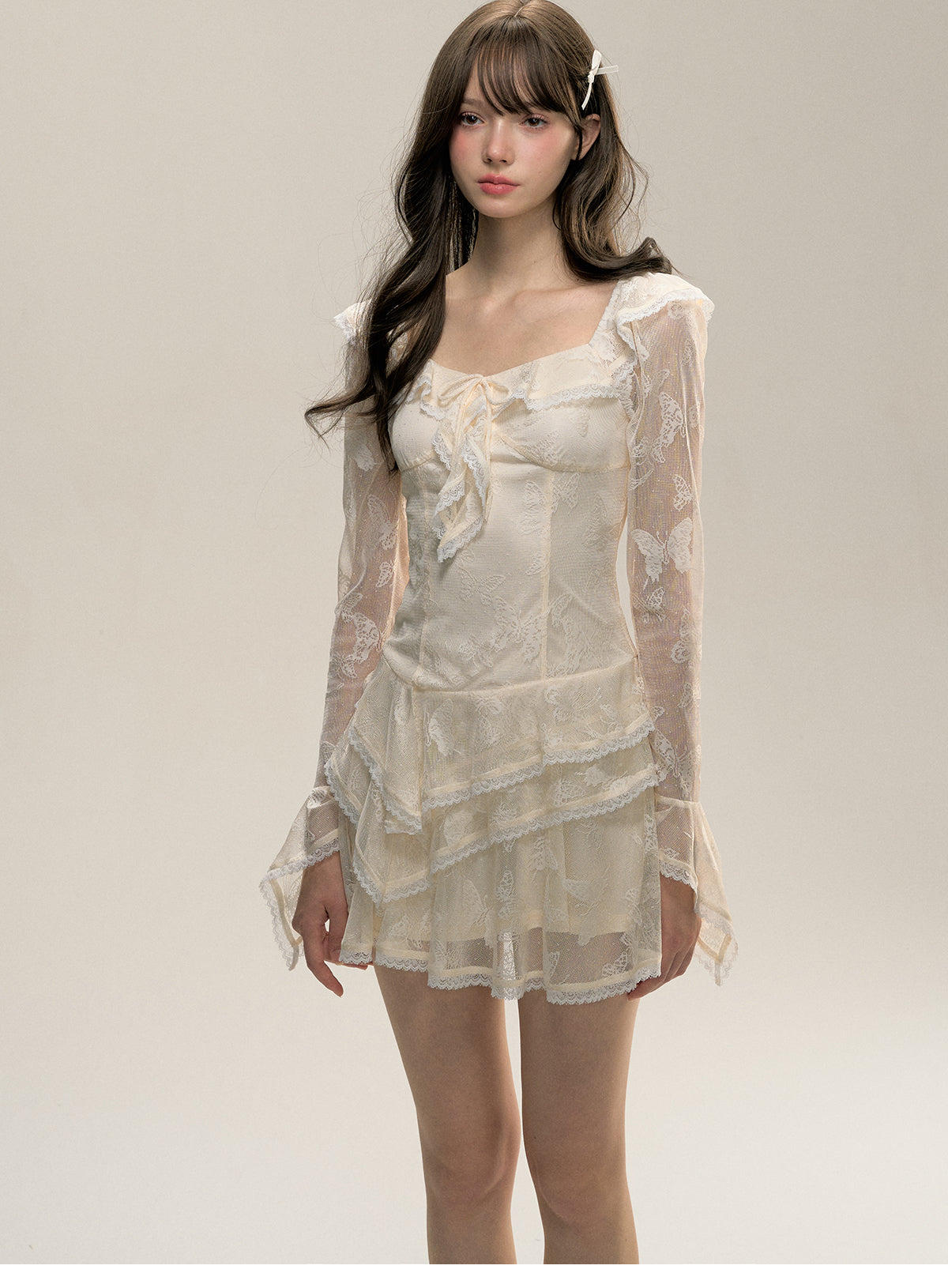 Butterfly Sheer Lace Asymmetric Tiered Dress