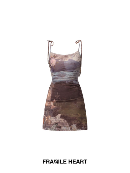 Mesh Oil Painting Print Bodycon Camisole Dress