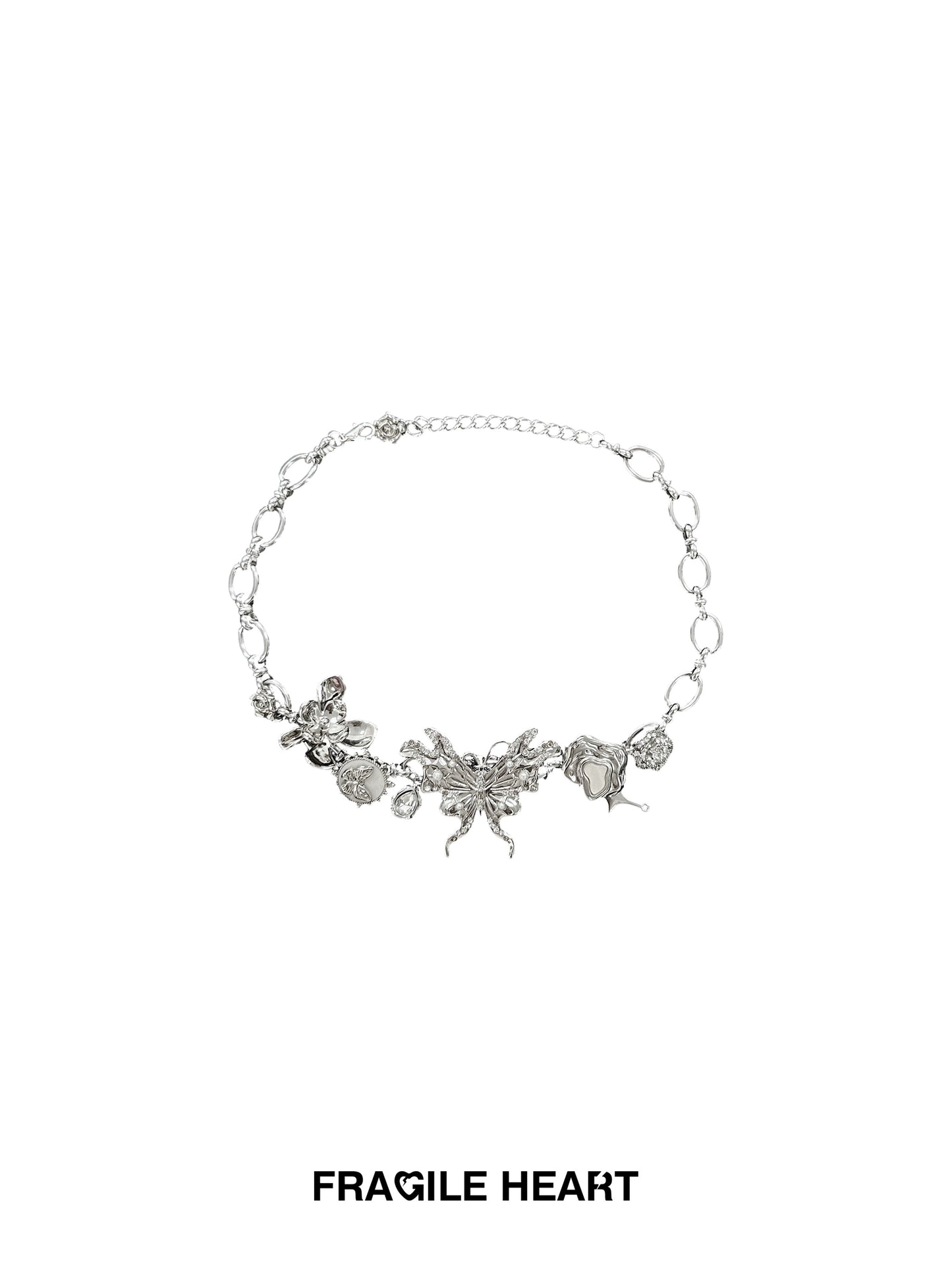 Silver-Toned Butterfly Choker Necklace With Floral Elements