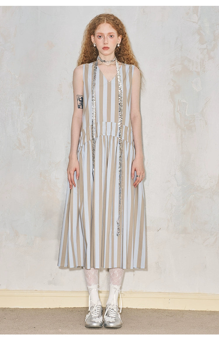 V-Neck Tucked Waist Striped Long Cotton Drapey Dress