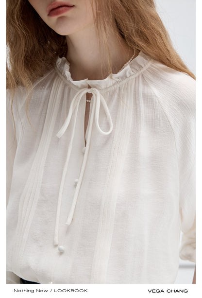 Frilled Trim Pin Tuck Blouse With Covered Buttons