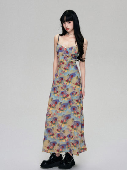 Oil Painting Style Floral Long Cami Dress