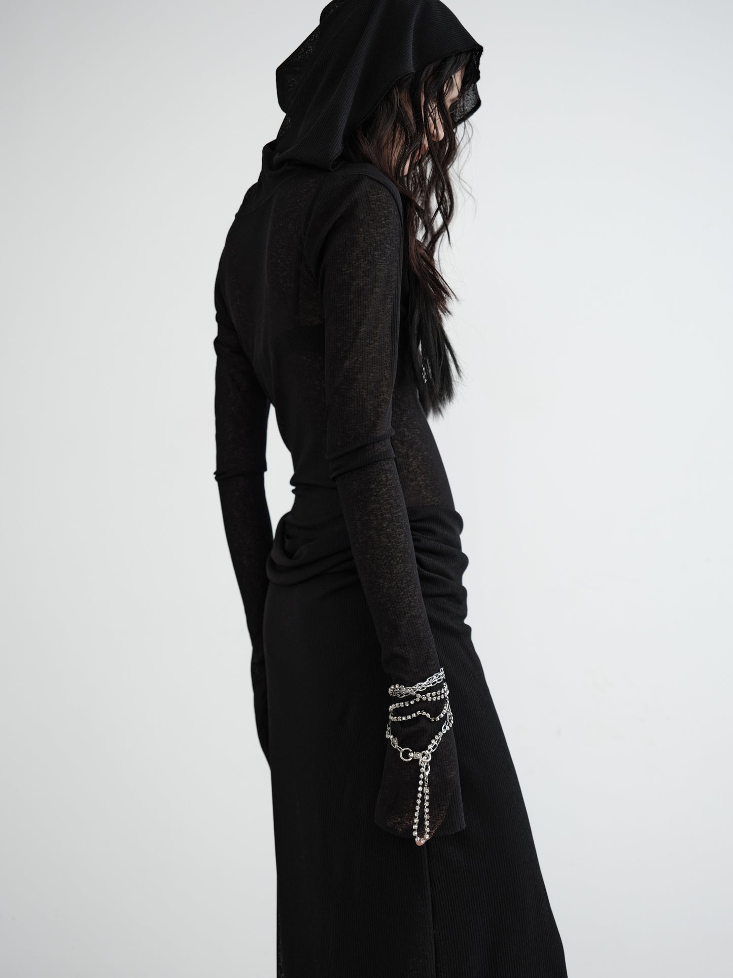 Hooded Sheer Rib Knit Faux Two-Piece Drape Dress