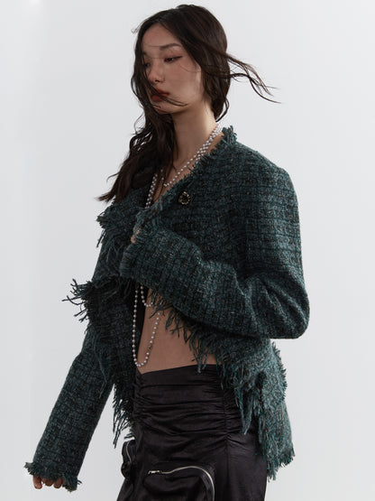 Tweed Fringed Edge Open Front Jacket