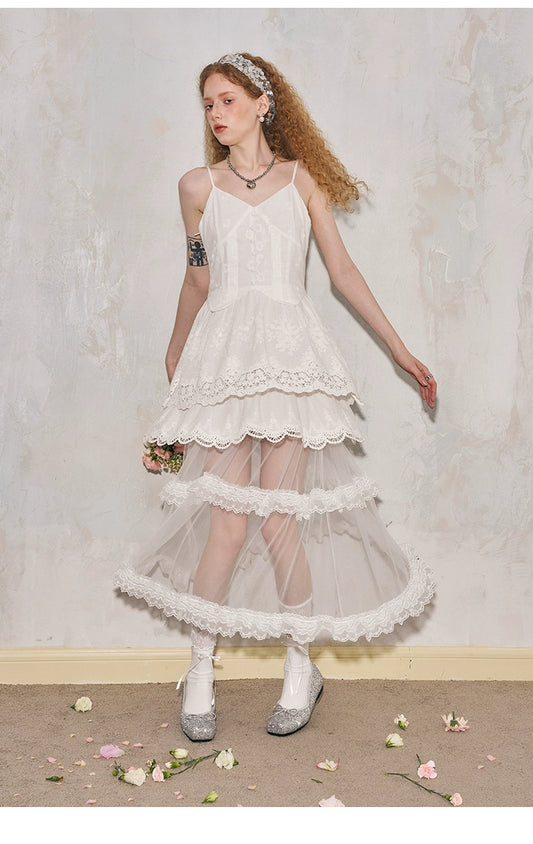 See-Through Embroidered Lace Long Tulle Organdy Dress