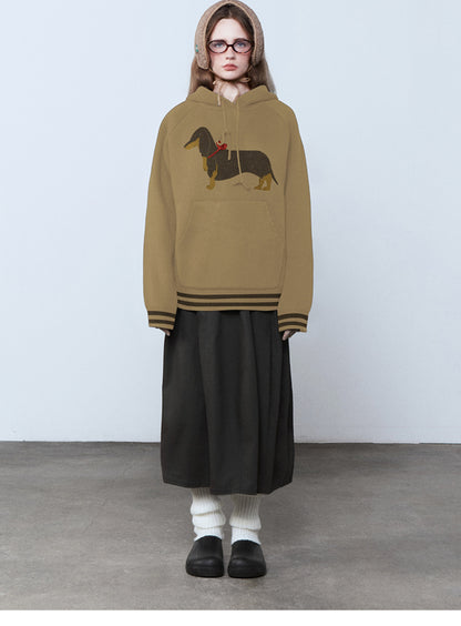 Dachshund Jacquard Hoodie Knit Top And Twill Skirt