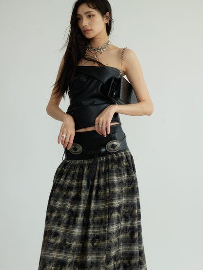 Plaid Long Skirt With Faux Leather Belted Waist