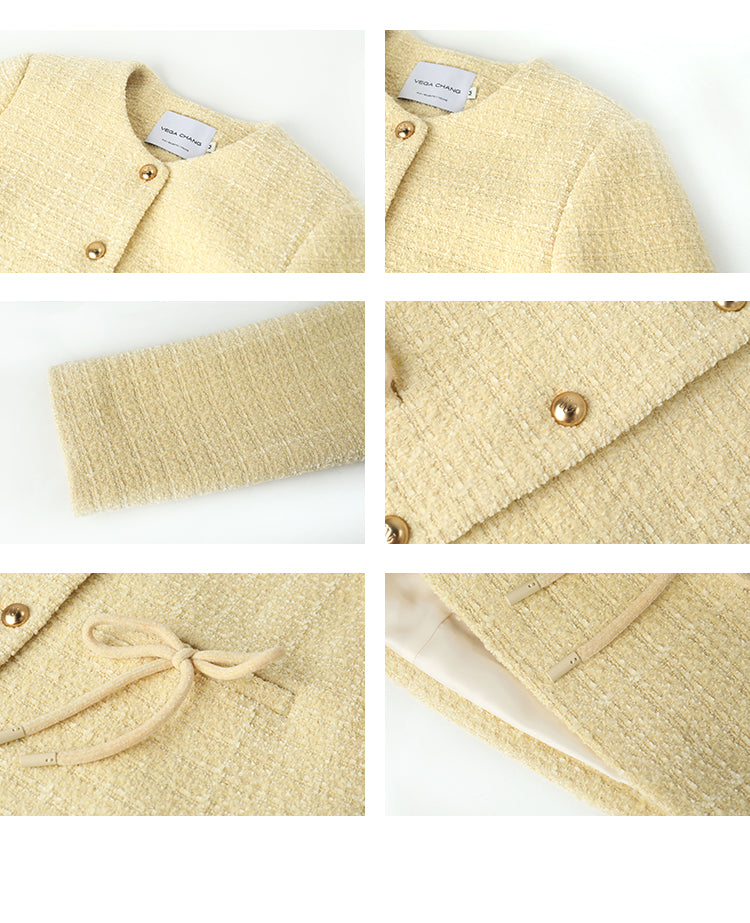 Bow Detail Collarless Tweed Wool Blend Jacket