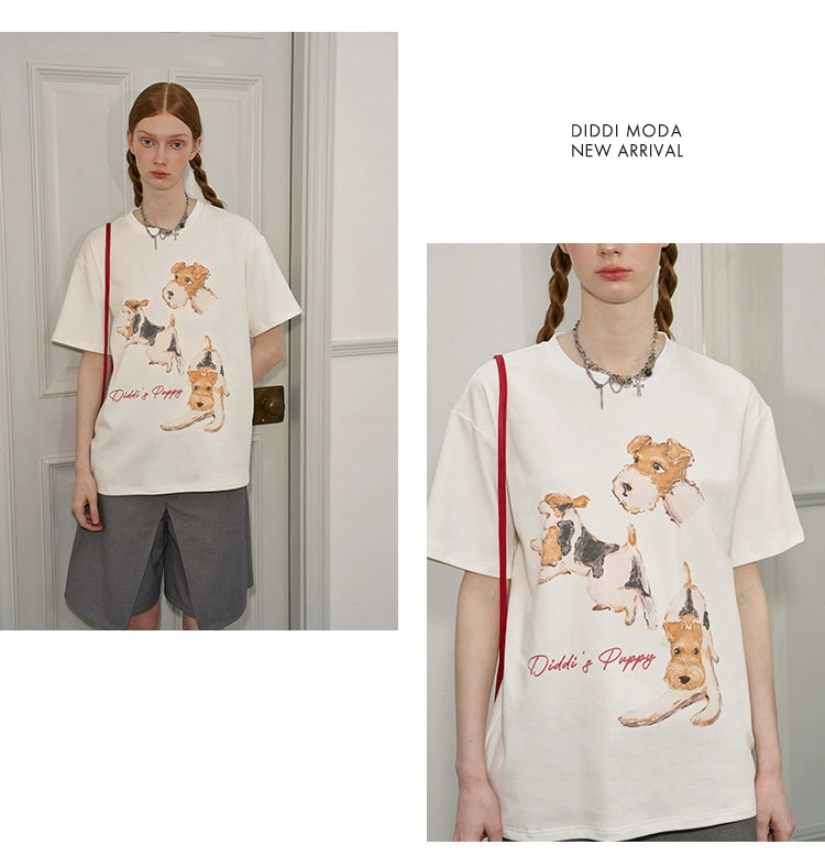 Illustrated Dog Print Round Neck Cotton T-Shirt