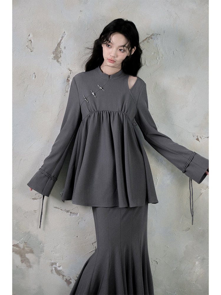 Qipao Style Twill Draped Top And Fishtail Skirt