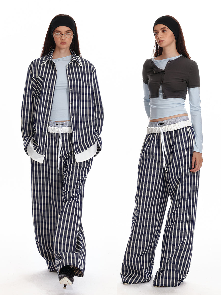 Foldable Waist Stripe-Look Checkered Pants