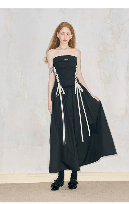 Tube Top Long Dress With Contrast Lace-Up Detail