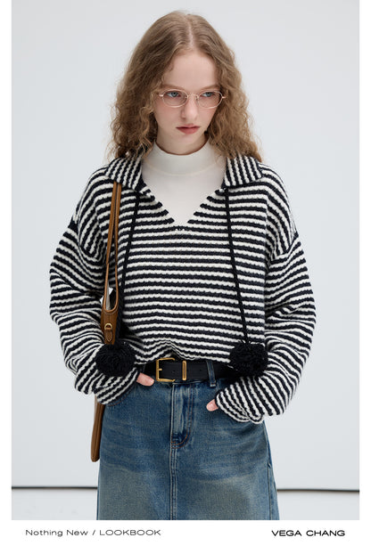 Collared V-Neck Pompom Striped Knit Pullover