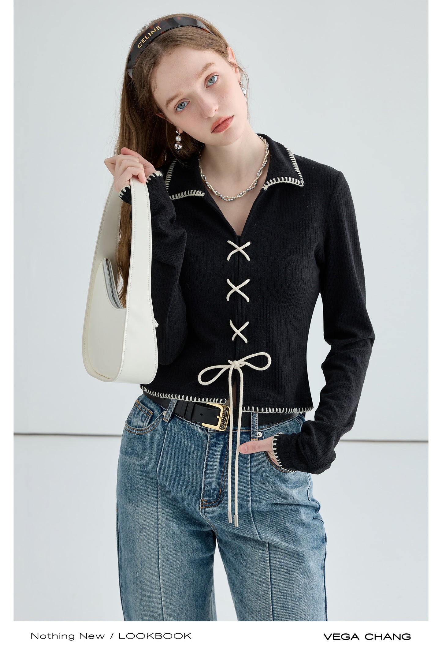 Lace-Up Design Stitched Edge Rib Knit Top