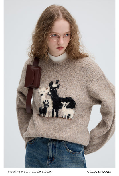 Wool Blend Relaxed Fit Deer Motif Sweater