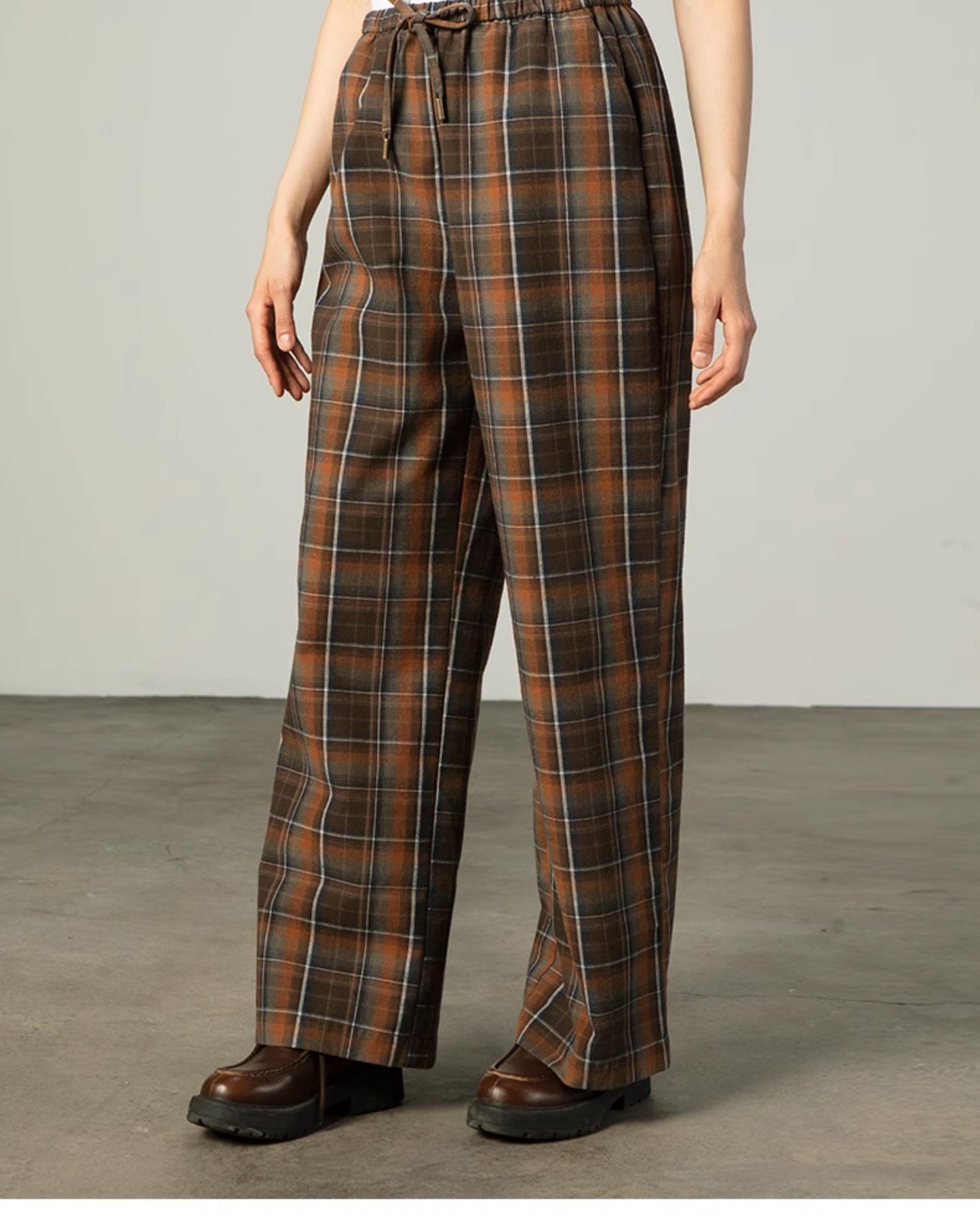 Plaid Elastic Waist Wide-Leg Cotton Pants