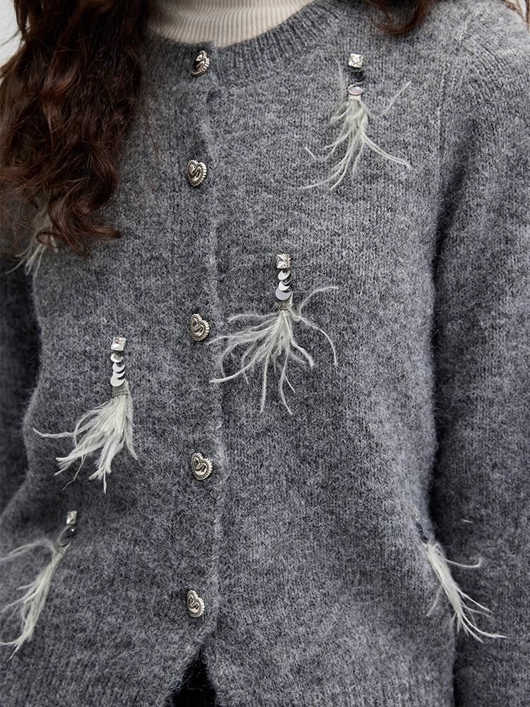 Heart Buttoned Sequin Feather Cardigan