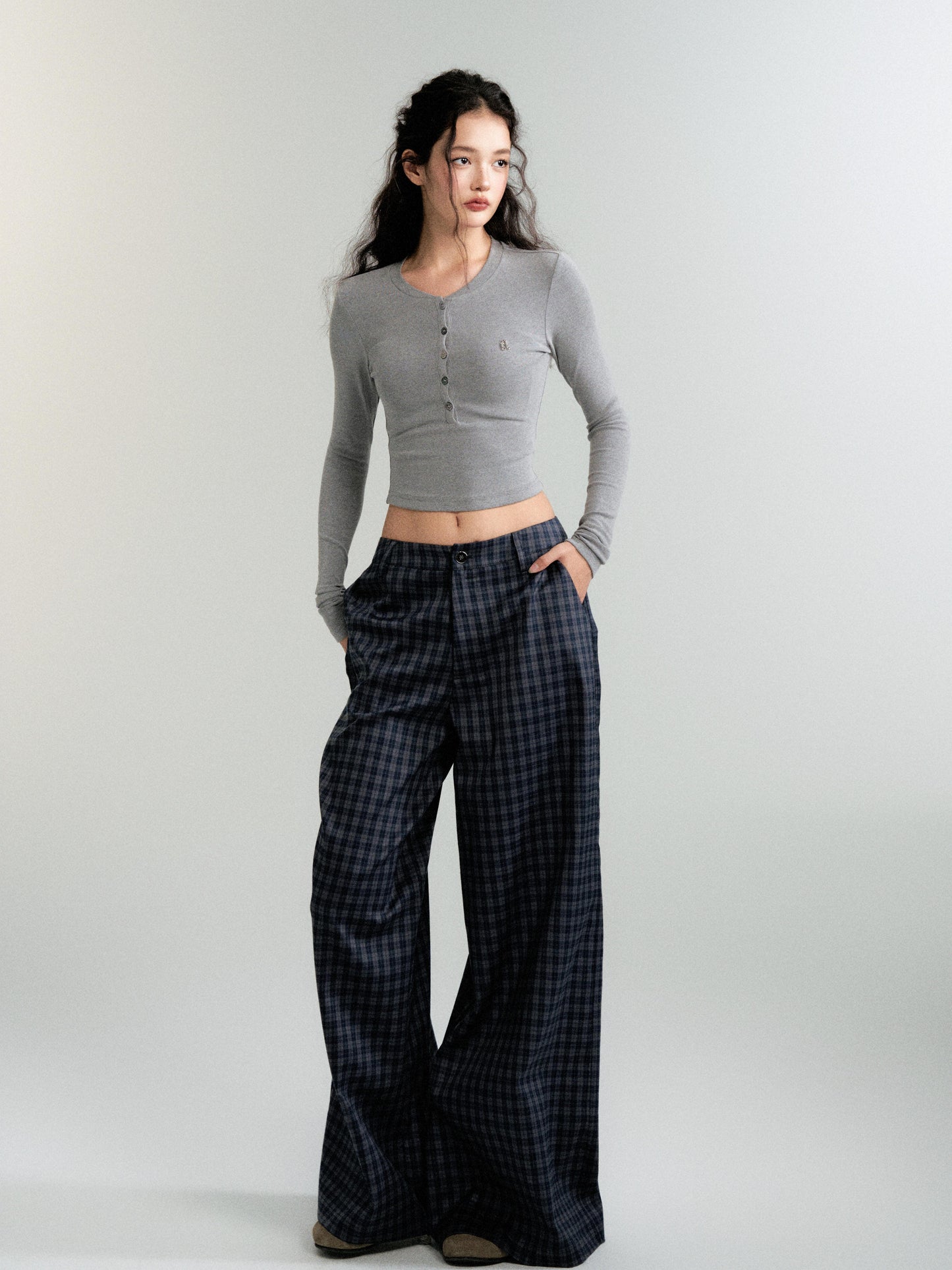 Low Rise Plaid Wide-Leg Straight Trousers