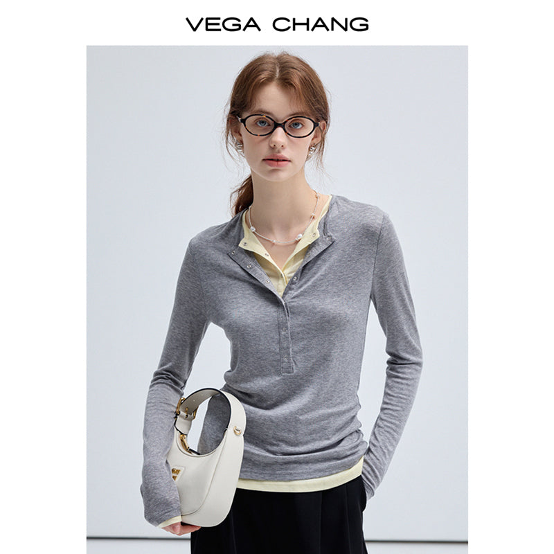 Faux Two-Piece Slim Fit Henley Neck Knit T-Shirt