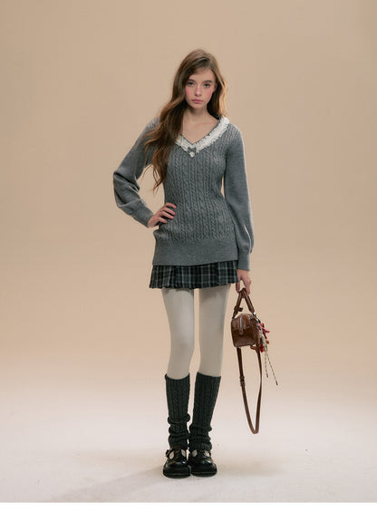 Frilled V-Neck Cable Knit Sweater