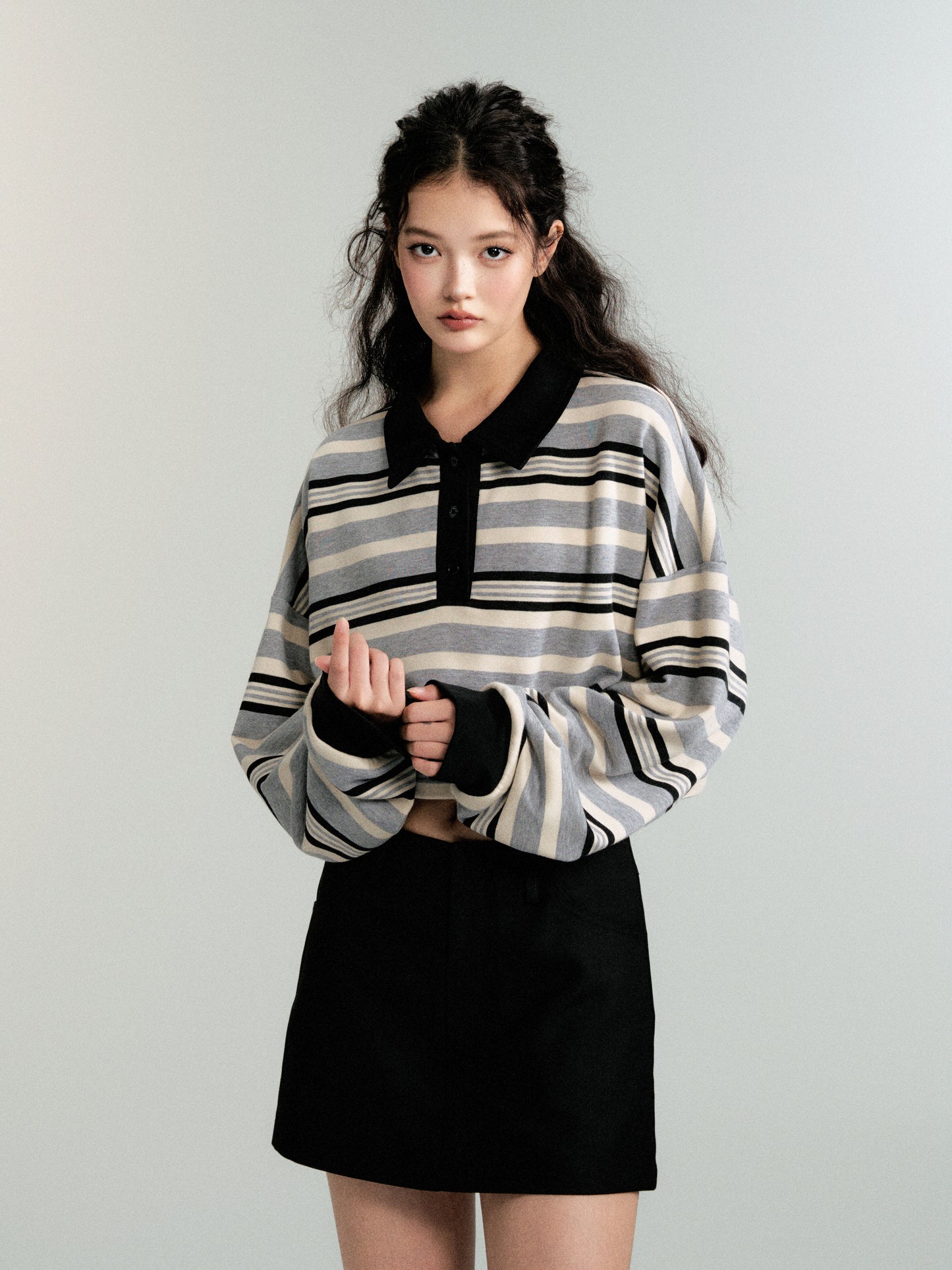 Contrast Color Cropped Stripe Polo Sweatshirt