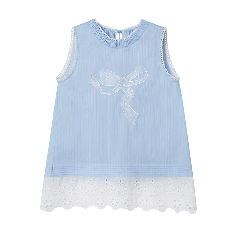 Lace Bow Embroidery Striped Sleeveless Top With Shirred Neck