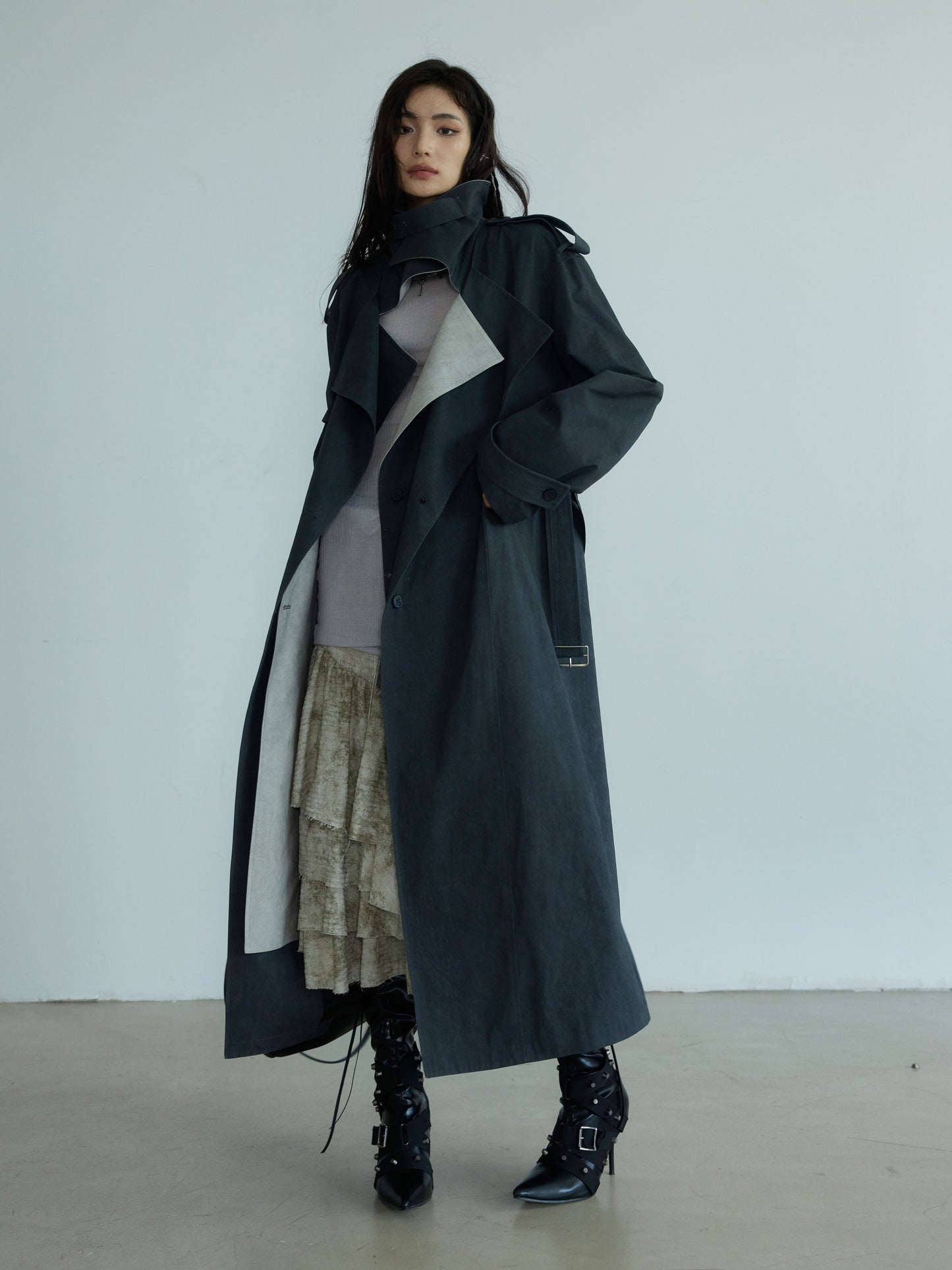 Two-Tone Belted Long Trench Coat