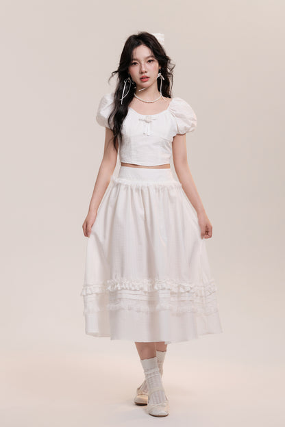 High Waist Lace Frilled Zip Up Flare Long Skirt