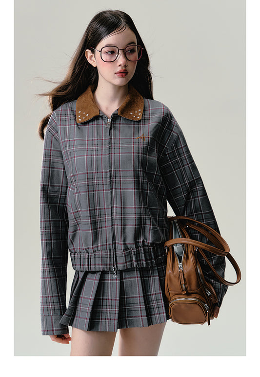 Plaid Zip-Up Jacket And Pleated Skirt Outfit