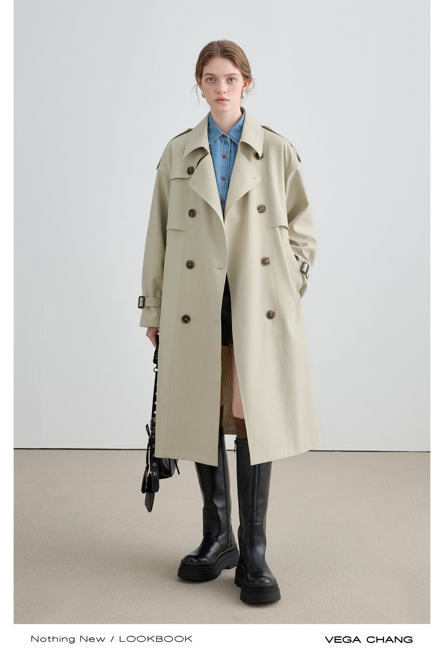 Belted Double Breast Midi Serge Trench Coat