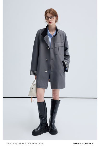 Oversize Stand Collar Checkered Cuff Coat