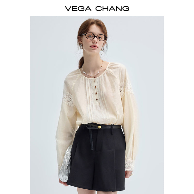 Lace Patchwork Collarless Pin Tuck Blouse