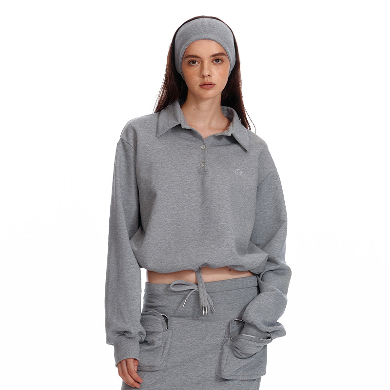 Polo Collar Relaxed Fit Drawstring Cotton Sweatshirt