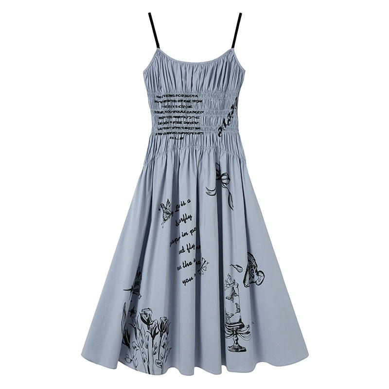 Gothic Print Flared Long Camisole Dress With Shirring