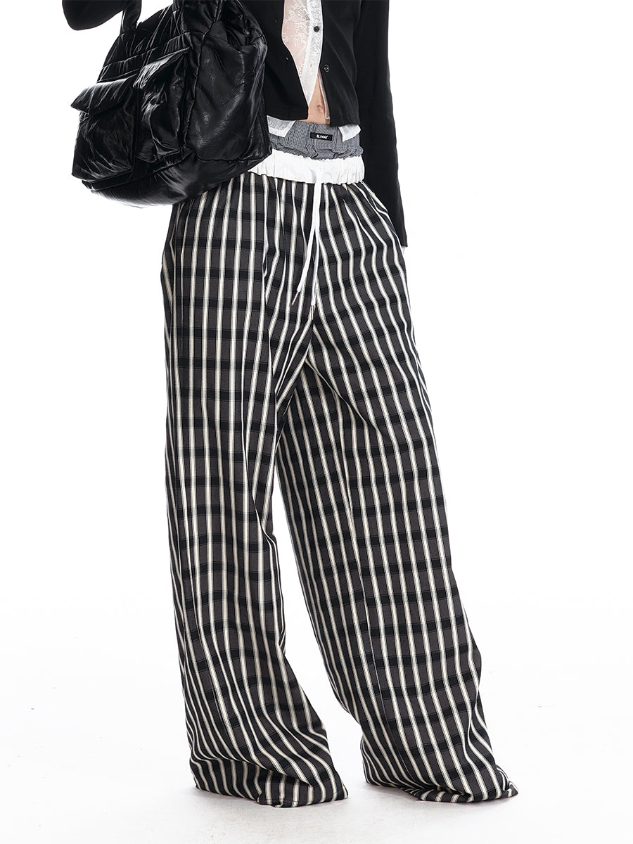 Foldable Waist Stripe-Look Checkered Pants