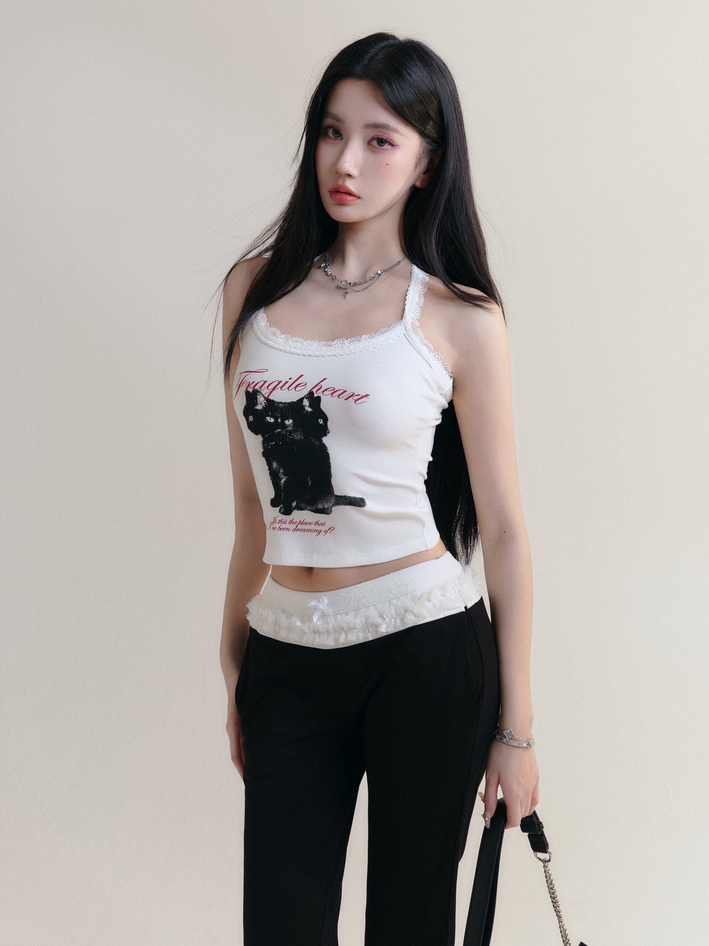 Cat Print Racerback Cotton Rib Lace Cami Top