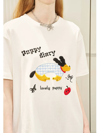 Fun Puppy Cartoon Fuzzy Patch Embroidery T-Shirt