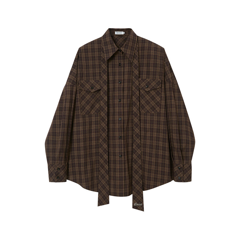 Plaid Round Hem Shirt With Removable Tie