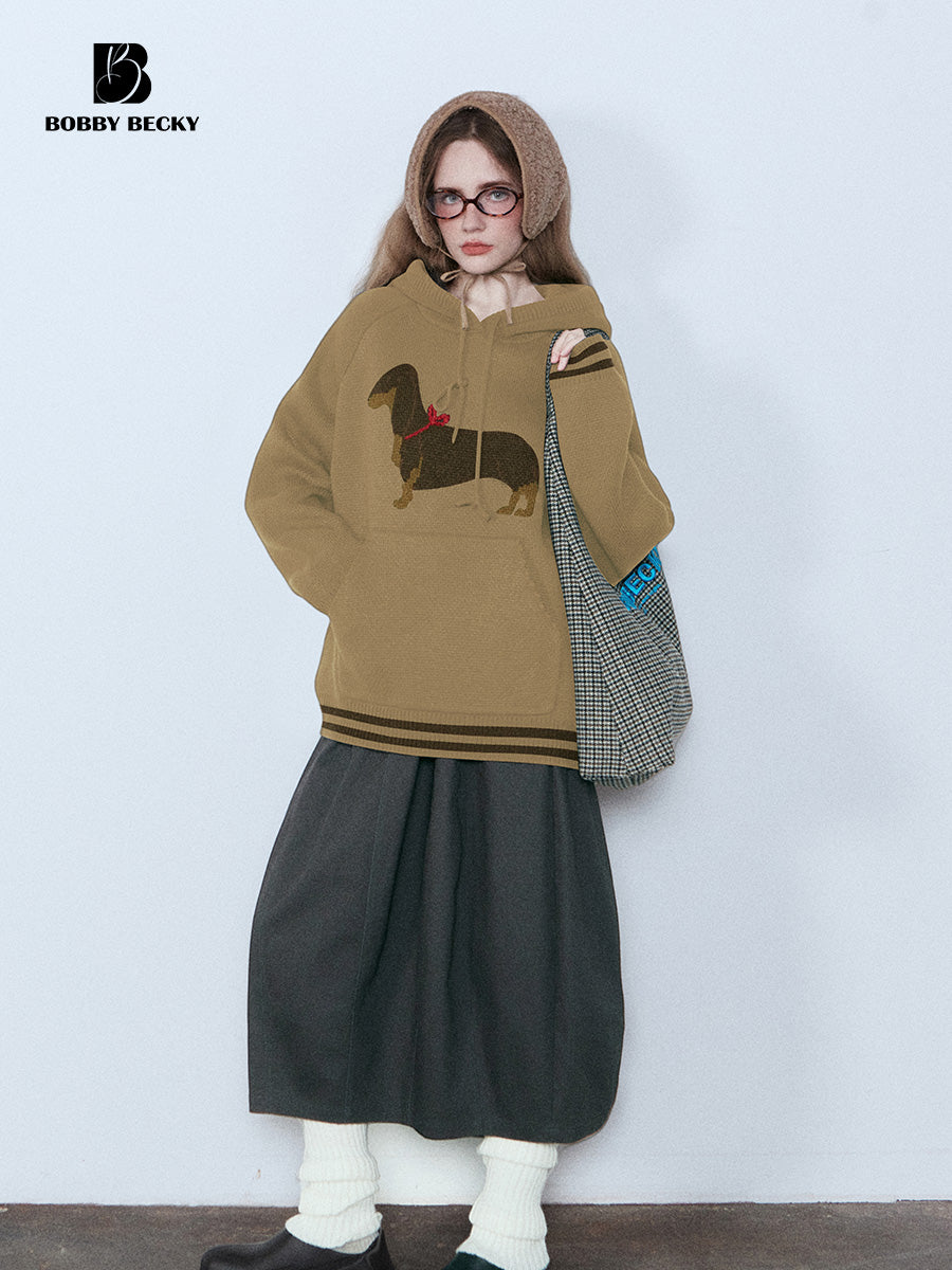 Dachshund Jacquard Hoodie Knit Top And Twill Skirt