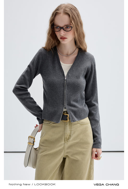 Wool Blend Layered Look Knit Cardigan Top