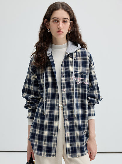 Embroidered Plaid Shirt With Removable Hood