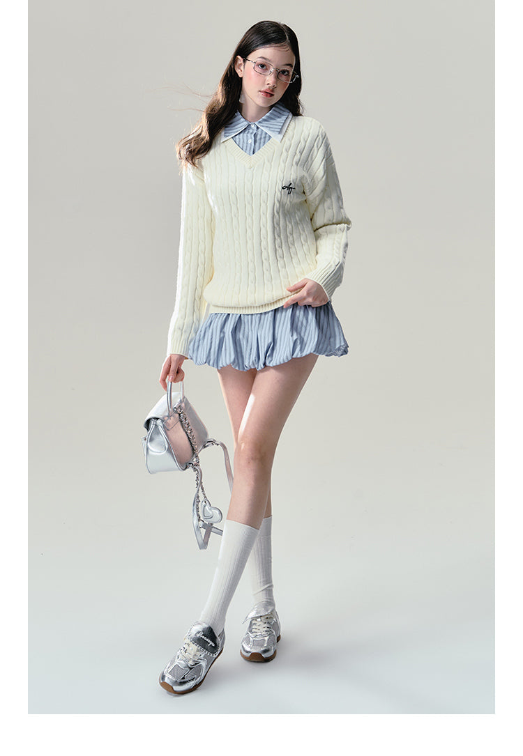 Soft Embroidery V-Neck Cable Knit Sweater