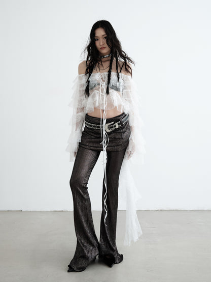 Glossy Elastic Pants With Detachable Skirt Overlay