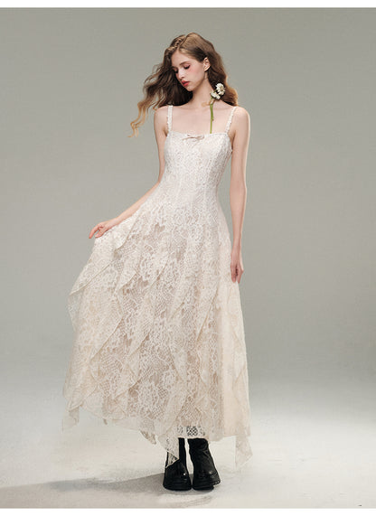 Ruffled Lace Strapped Dress With Glossy Lining