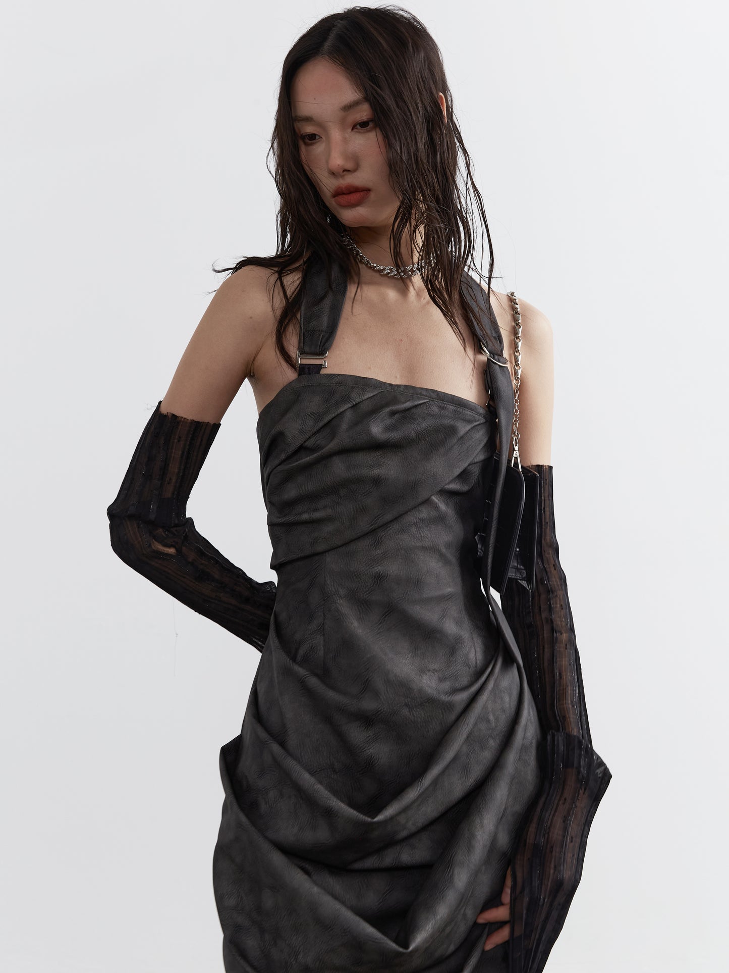 Sculptural Faux Leather Halter Tube Top Dress