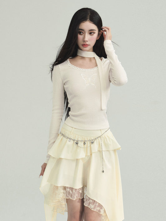 Butterfly Embroidery Stud T-Shirt And Tiered Skirt