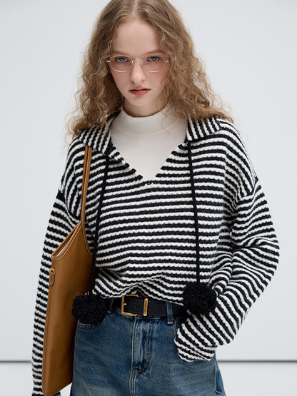 Collared V-Neck Pompom Striped Knit Pullover