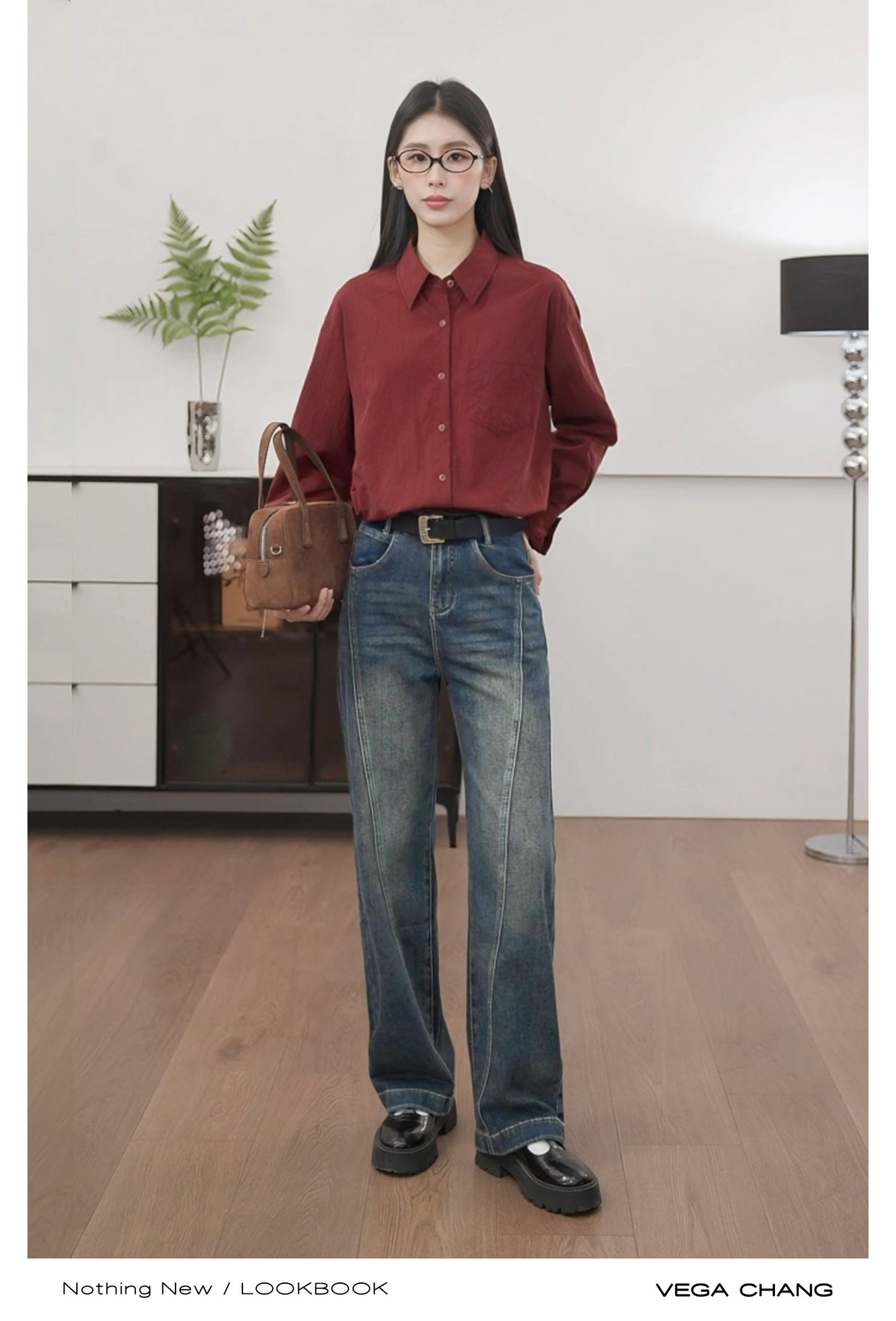 High Waisted Bias Seam Washed Straight Jeans